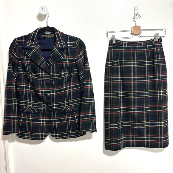 Vintage Ed Behan's Tweed Shop Suit Skirt Sz S Tartan Plaid Wool Missing Sz Tag - Picture 1 of 16